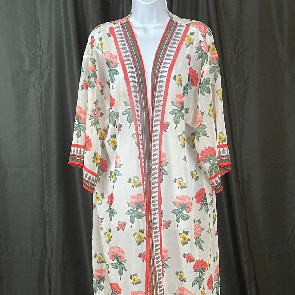 H&M COACHELLA, WOMEN'S MED SHEER WHITE FLORAL PRINT KIMONO DUSTER CARDIGAN